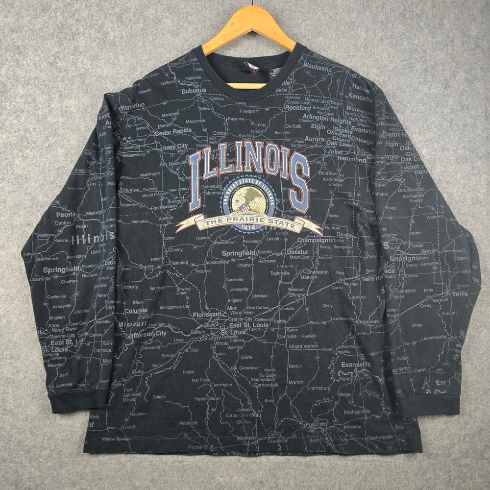 Vtg State of Mine Illinois Map T-Shirt Shirt Mens Large Black All Over Print Y2K